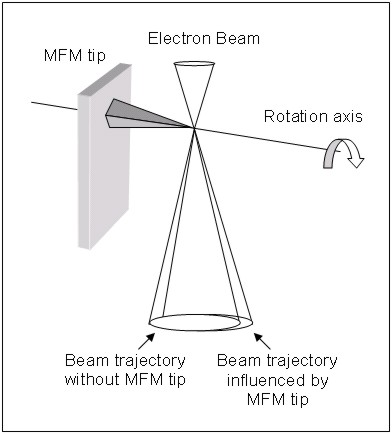 Fig.2. Schematic of the differential phase contrast imaging technique of Lorentz microscopy applied to a MFM tip (McVitie et al.)
