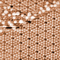 Fig. 1 AFM image of Si(111) 7x7 surface reconstruction taken by JEOL JSPM-4500A microscope in tapping mode. Scan size 4 x 4 nm, height 0.4 nm. 