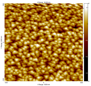  AFM image of the PA01 surface. Scan taken with OPUS 240AC-NA probe with tip. Scan size 1 µm, scan height 95 nm.
