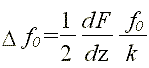 Equation of the frequency shift of the oscillating AFM cantilever caused by the presence of an electrostatic force F