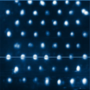Fig.1a. AFM height image, dielectric oxide islands on Ti film, high-resolution electric lithography, 200x200nm, Z=8nm