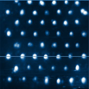 Fig.1a. AFM height image, dielectric oxide islands on Ti film, high-resolution electric lithography, 200x200nm, Z=8nm Fig.1a. AFM height image, dielectric oxide islands on Ti film, high-resolution electric lithography, 200x200nm, Z=8nm