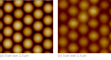 Fig.2. AFM height images, polystyrene latex before/after 30h annealing @110°C