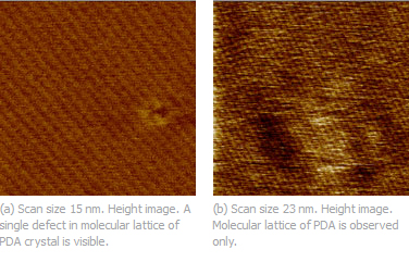AFM topography images, PDA crystal, Hi'Res-C AFM/ HQ:NSC14 probes, p.c. Dr.S.Magonov, Agilent AFM topography images, PDA crystal, Hi'Res-C AFM/ HQ:NSC14 probes, p.c. Dr.S.Magonov, Agilent