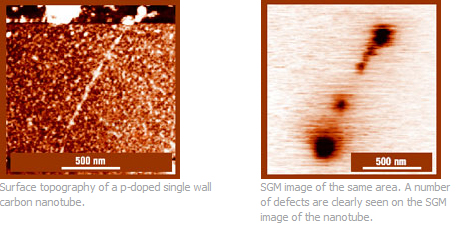 Fig.1. Topography/SGM, p-doped single wall carbon nanotube, p.c. S.Kalinin, M.Freitag, AT.Johnson, D.Bonnell, UPenn