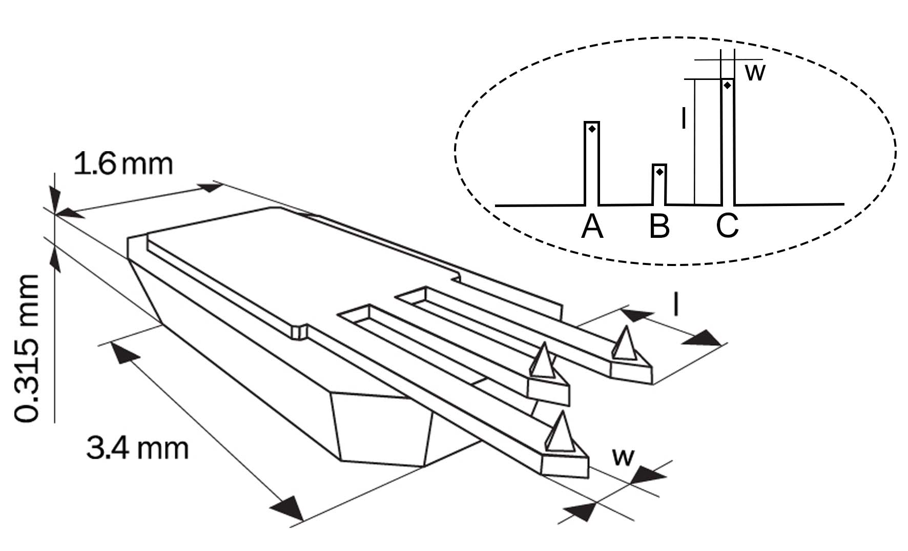 Schematic drawing of an AFM probe with three AFM cantilevers.