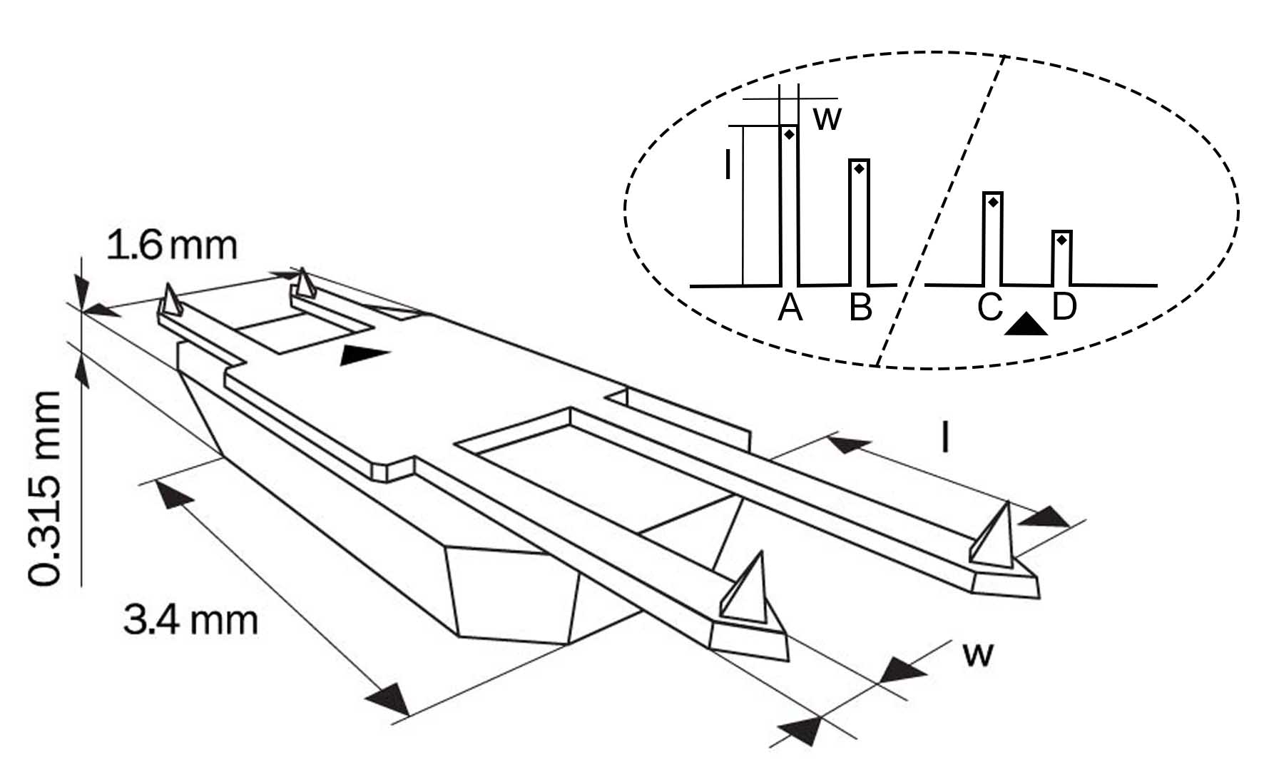 Schematic of 4 AFM cantilevers on HQ:XSC11 series AFM probe