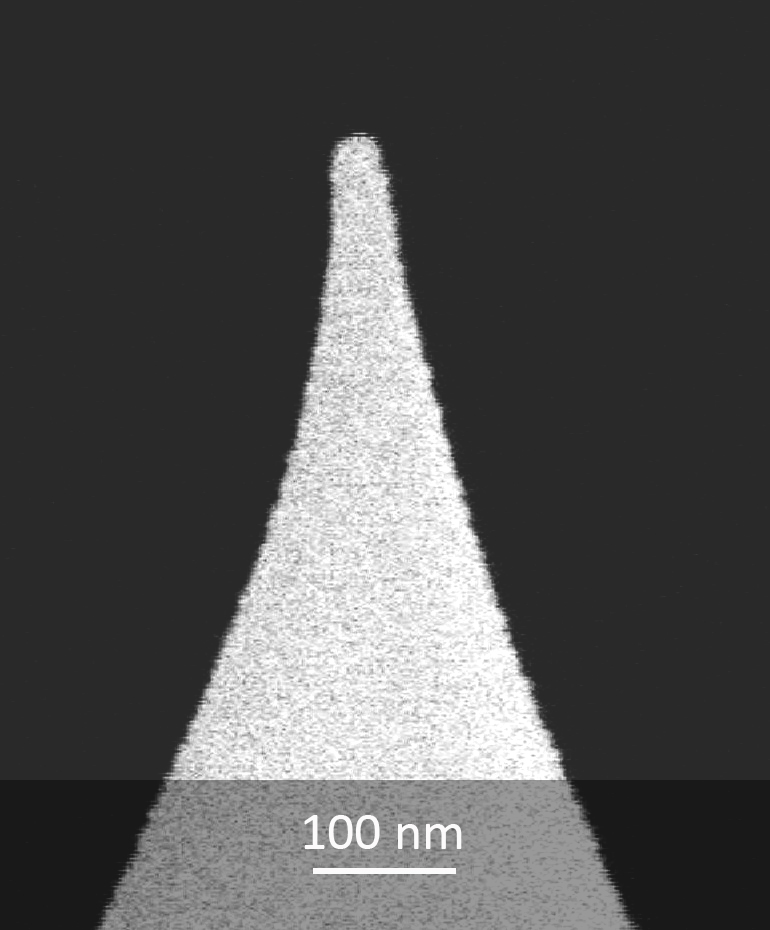 SEM image of platinum coated MikroMasch AFM probe tip close-up