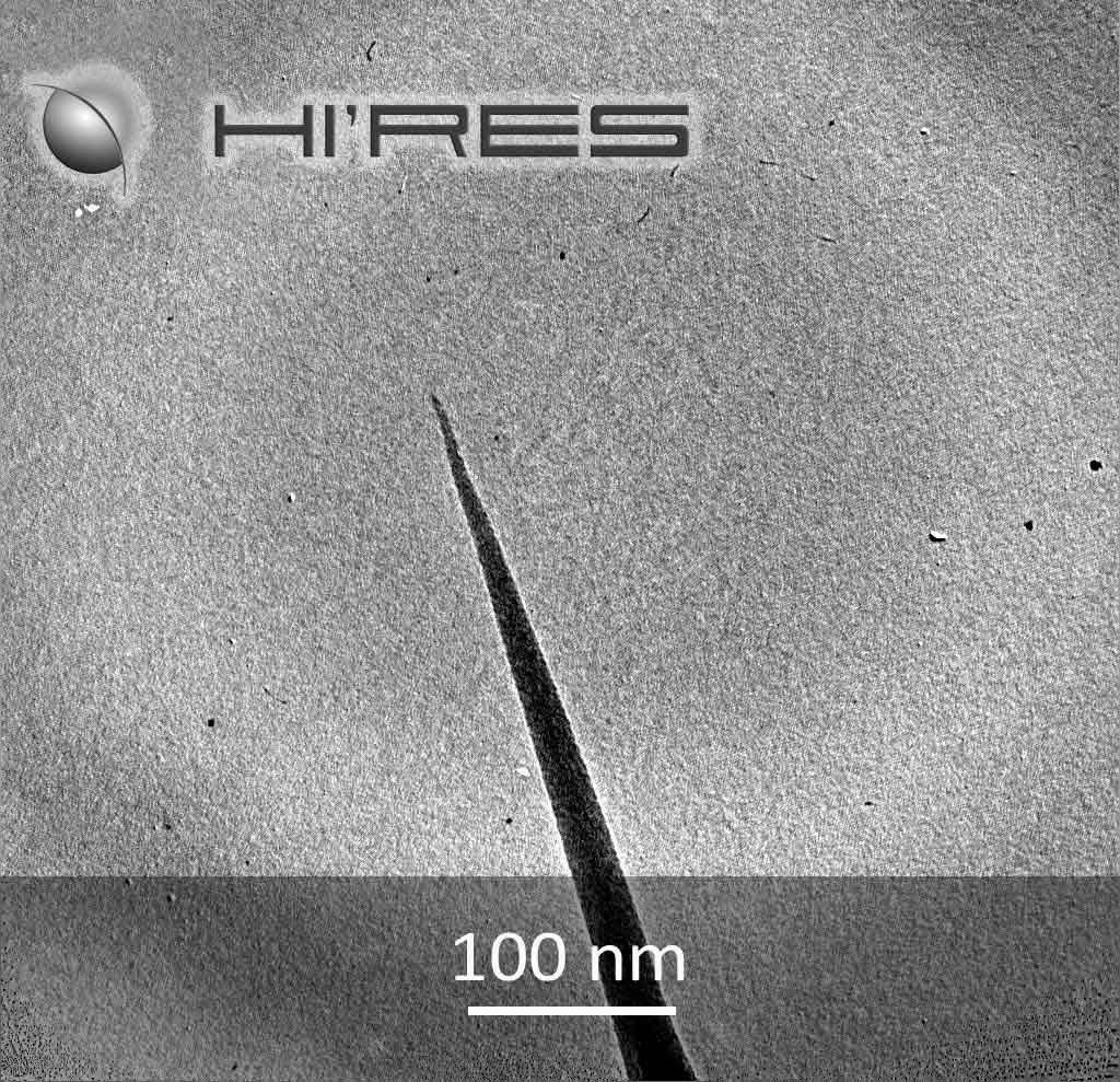 Close-up SEM image of high resolution MikroMasch HiRes-C AFM probe tip