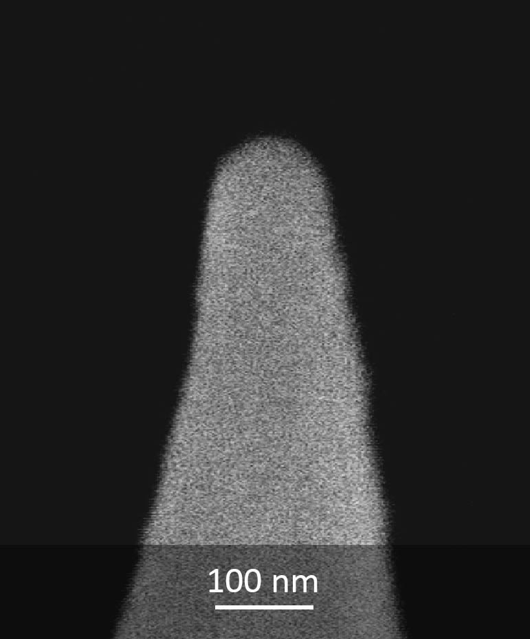 SEM image of cobalt magnetic MikroMasch AFM probe tip close-up