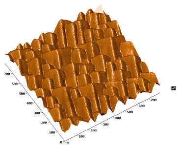 Fig.3b. Imaging of 111-orientation grown CdF2 films' edges - decreasing of AFM tip sharpness in the set, 700x700x16 nm (p.c. Prof. S.Gastev)