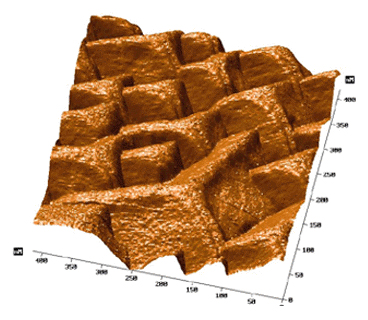 Fig.3d. Imaging of 111-orientation grown CdF2 films' edges - double tip artifact, 400x400x16 nm (p.c. Prof. S.Gastev)