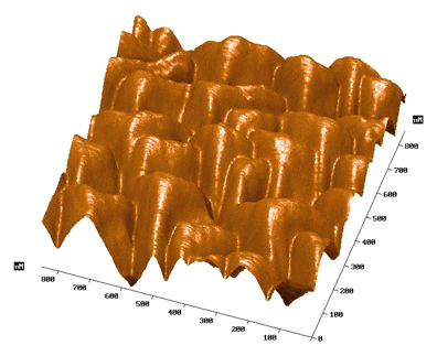 Fig.3c. Imaging of 111-orientation grown CdF2 films' edges - decreasing of AFM tip sharpness in the set, 800x800x12 nm (p.c. Prof. S.Gastev)