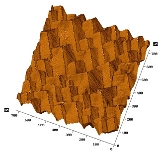 Fig.3a. Imaging of sharp edges of CdF2 films grown in <111> orientation, 700x700x20 nm (p.c. Prof. S.Gastev)