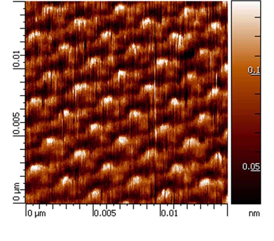 15 nm topography scan of SAM of Cholesteryl Stearate on HOPG. AFM Image obtained with MikroMasch® HQ:NSC14/Al BS AFM probe on SmartSPM ( AIST-NT Inc, Novato, CA). Image courtesy of Andrey Krayev, AIST-NT Inc