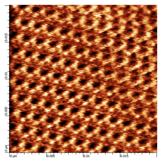 20x20 nm topography (left) and the phase shift image of SAM of Cholesteryl Stearate on HOPG. True molecular resolution is achieved in ambient conditions using MikroMasch® HQ:NSC14/Al BS AFM probe on SmartSPM ( AIST-NT Inc. Novato, CA). Image courtesy of Dmitry Evplov, AIST-NT Inc